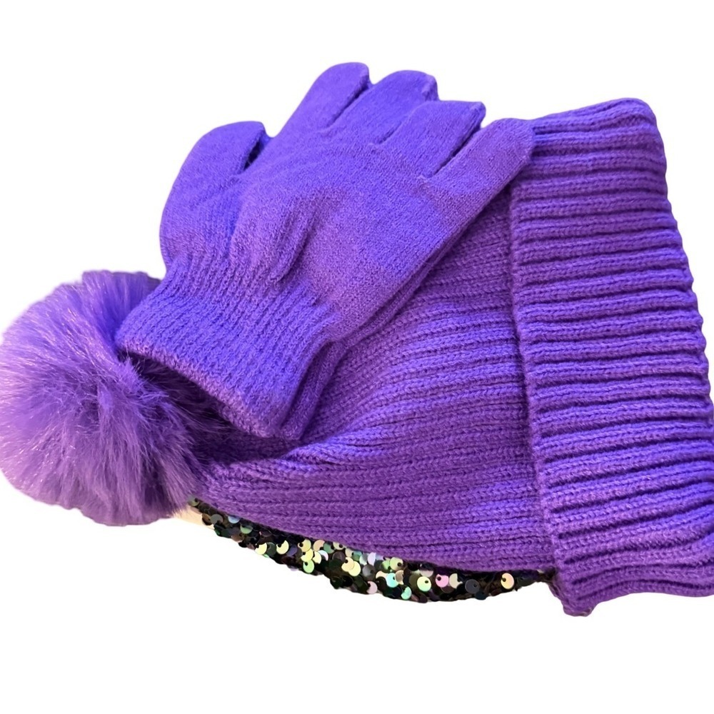 Girls Purple Sequin Beanie Hat and Gloves Set with Pom Pom Size 4-5T - Picture 3 of 8